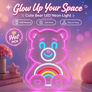 Retro Rainbow Bear LED Neon Sign, USB Powered Pink Cartoon Bear Wall Light with Heart Paws, Soft Glow Clear Acrylic Backboard, Nostalgic Cute Room Decor for Bedroom, Vanity, Dorm, Gamer Desk, Party Bar, Birthday & Holiday Gift for Her Room Makeover Accent
