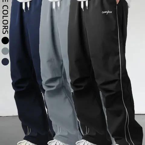 Men's Relaxed Straight Leg Polyester Woven Pants - Cool, Breathable, Non-Stretch, Striped, White Side Stripes, Lightweight Athletic Fabric, Machine Washable, Sporty Look, for Outdoor Wear, All Seasons, Black + Black, Men's Bottoms Clothing#SummerVibes