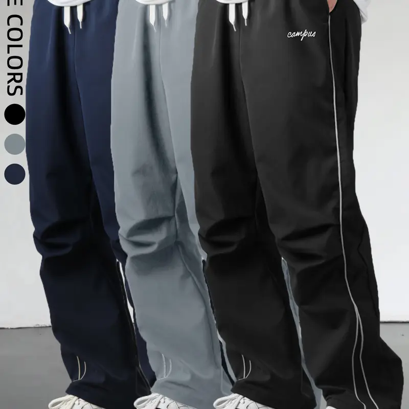 Men's Relaxed Straight Leg Polyester Woven Pants - Cool, Breathable, Non-Stretch, Striped, White Side Stripes, Lightweight Athletic Fabric, Machine Washable, Sporty Look, for Outdoor Wear, All Seasons, Black + Black, Men's Bottoms Clothing#SummerVibes