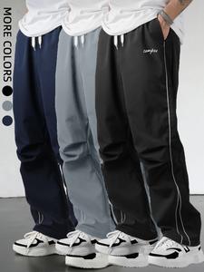 Men's Summer Loose Casual Pants Straight Leg, Everyday Lightweight Comfortable White Side Stripe Casual Pants, Woven Non-Stretch Outdoor Hiking Jogger Trousers, Men's Long Pants, 100% Polyester Machine Washable Men's Trousers#SummerVibes