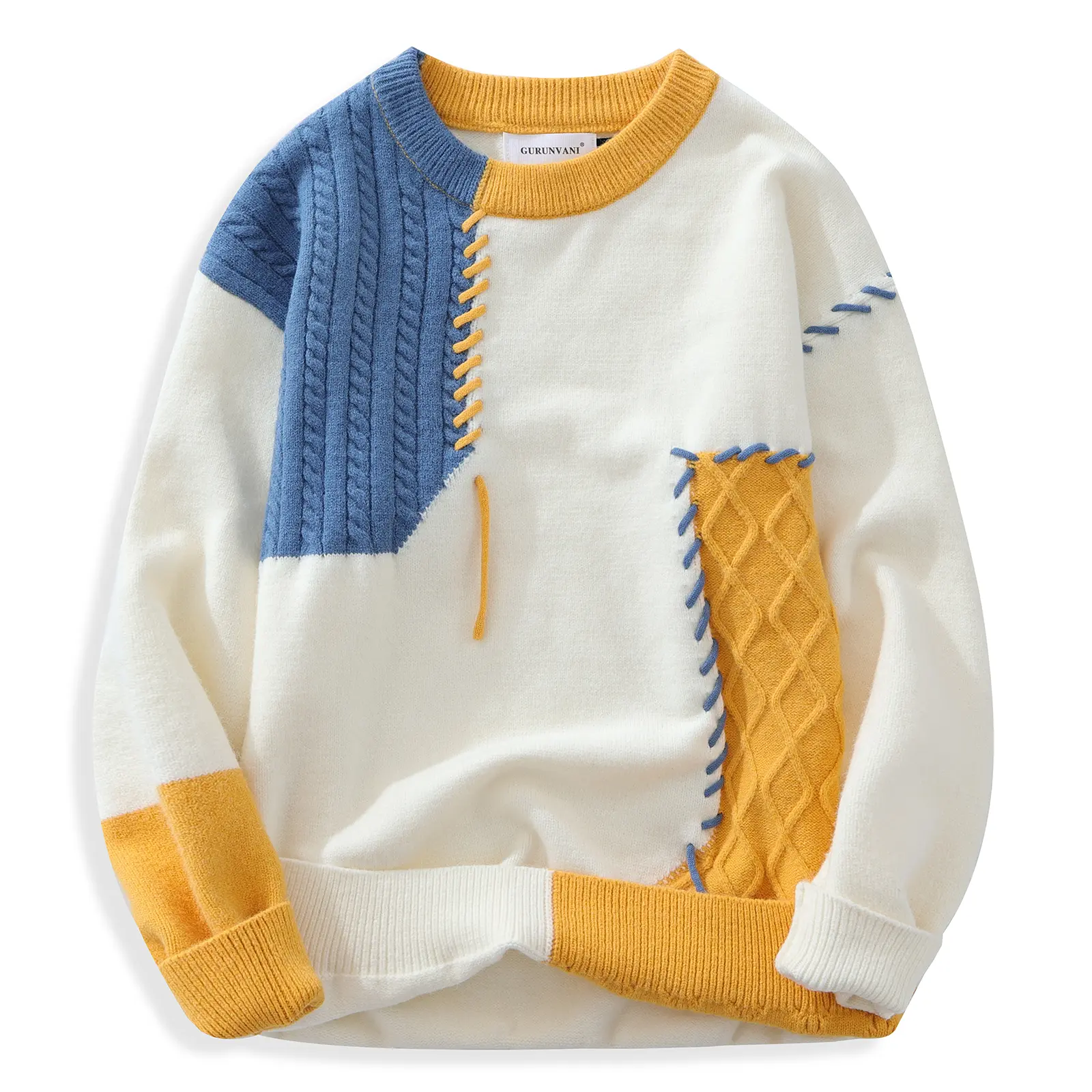 GURUNVANI Patchwork Sweater Mens Colorblock Jumper Cable Knitted Pullover Oversized Round Neck Knitwear Fathersdaygift Breathable Elastic Comfortable