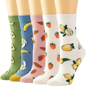 Women's 5 Pairs Cute Fruit Patterned Crew Socks Strawberry Print Novelty Warm Socks with Artistic Design Skin Friendly Polyester Material Long Crew Length for All Day Comfort Ideal for Spring Autumn Daily Wear Outdoor Activities