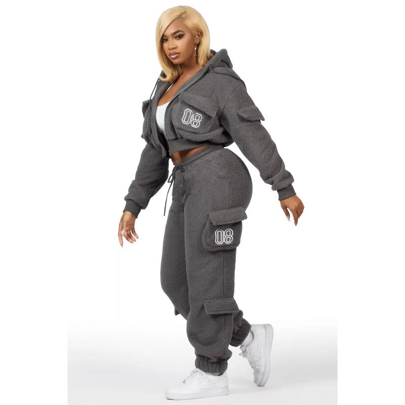 Renea Grey Sherpa Cargo Baggy Fit Track Set