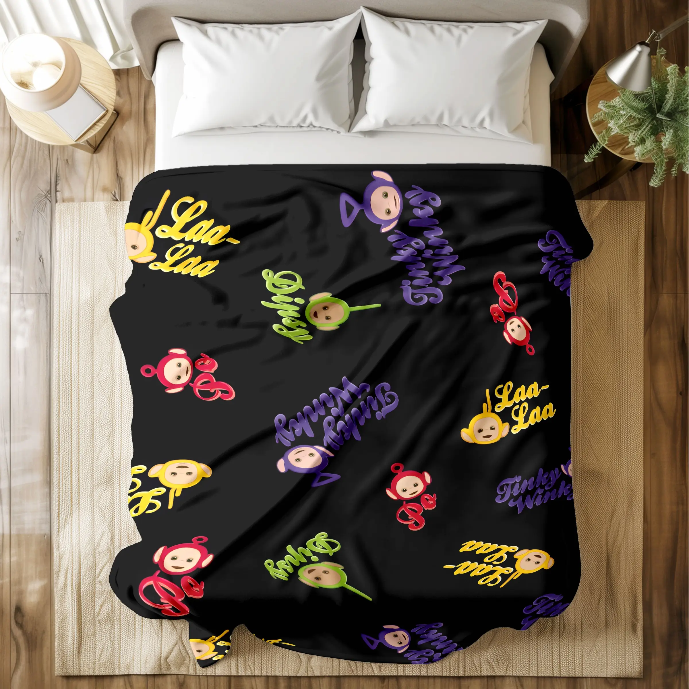 Teletubbies Printed Slogan Blanket Colorful Character Name Prints Super Soft Skin - friendly Long Lasting Quick Drying Machine Washable Multi Size for Bed Sofa Travel Camping Office Naps Gift for Nostalgic Fans,warm,cute,grad,breathable