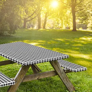 6ft Picnic Table and Bench Cover, Camping Essentials RV Gear, 72in Waterproof Windproof Outdoor Elastic All Around Tablecloth, Fitted Rectangle Tables and Seats, Black-White Checkered