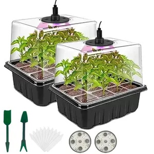 Seed Starter Tray with Grow Light, 2 Seed Germination Kits with Adjustable Humidity Dome, Seedling Starter Tray with Raised Lid, 8 Full Spectrum LED Beads for Indoor Plants, Mini Greenhouse for Seed Germination (Black)