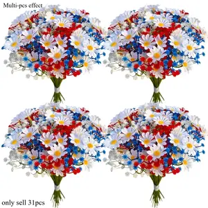 31pcs Independence Day Stationery Set with Artificial Gypsophila in Red, White, Blue, with White Chrysanthemum Decorative Faux Flowers, Artificial Bouquet, Suitable for Home, Event Parties, Independence Day Decorations