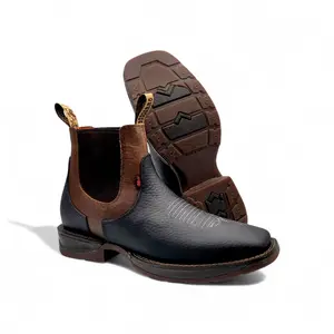 Mens Square Toe Botin Black-Honey – Genuine Leather Rubber Sole Western Boot 8045