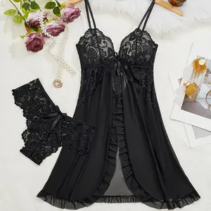 Lace Deep V Suspender Sleepwear Set - Sexy Women's Sleepwear Set with Front Split and Ruffle - Sleepwear Panties Set