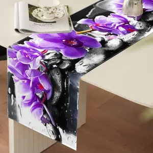 1PC Purple Orchid Floral Print Table Runner, Linen Table Decor with Pointed/Straight Ends, Elegant Dining Table Runner for Kitchen, Party, Wedding, Home Decoration