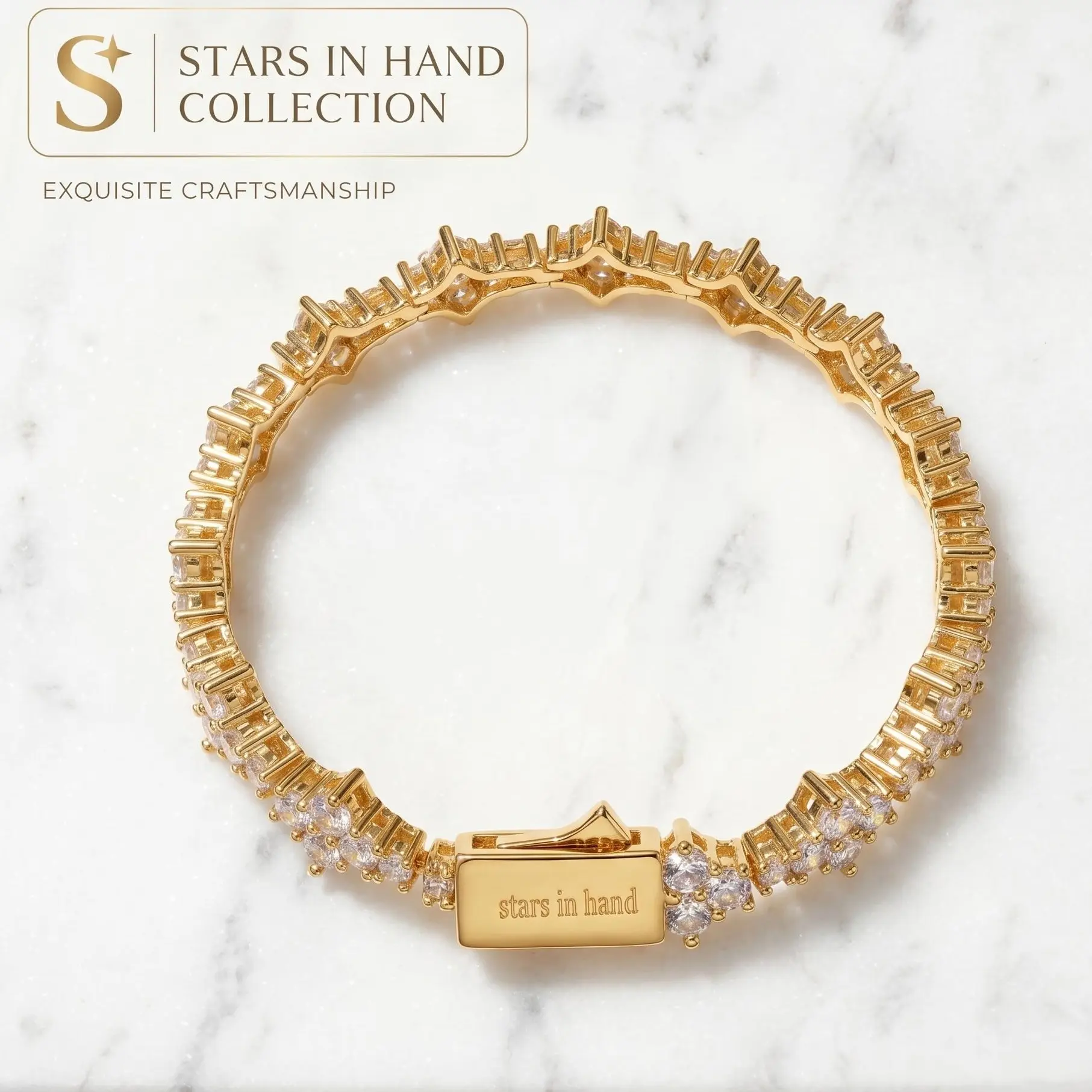 Hand Star 14K Gold Plated 4mm Cubic Zirconia Classic Tennis Bracelet - Gold 7inch, 7-8in, 20g, Sweatproof, Anti-Tarnish & Colorfast, Built to Last, Secure Clasp, Adults' Daily Wear Mother's Day Gift