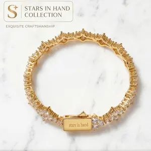 Hand Star 14K Gold Plated Classic Tennis Bracelet 4mm Cubic Zirconia 7-8 in 20g Sweatproof Non-Tarnish Secure Clasp Energy Guardian Daily Wear Mother's Day Gift
