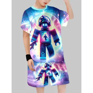 Roblox Xx Eye Block Man Blue Neon Starry Sci-Fi Glow Boy Gaming Set, Summer Casual Wear, Short Length Cartoon Pattern