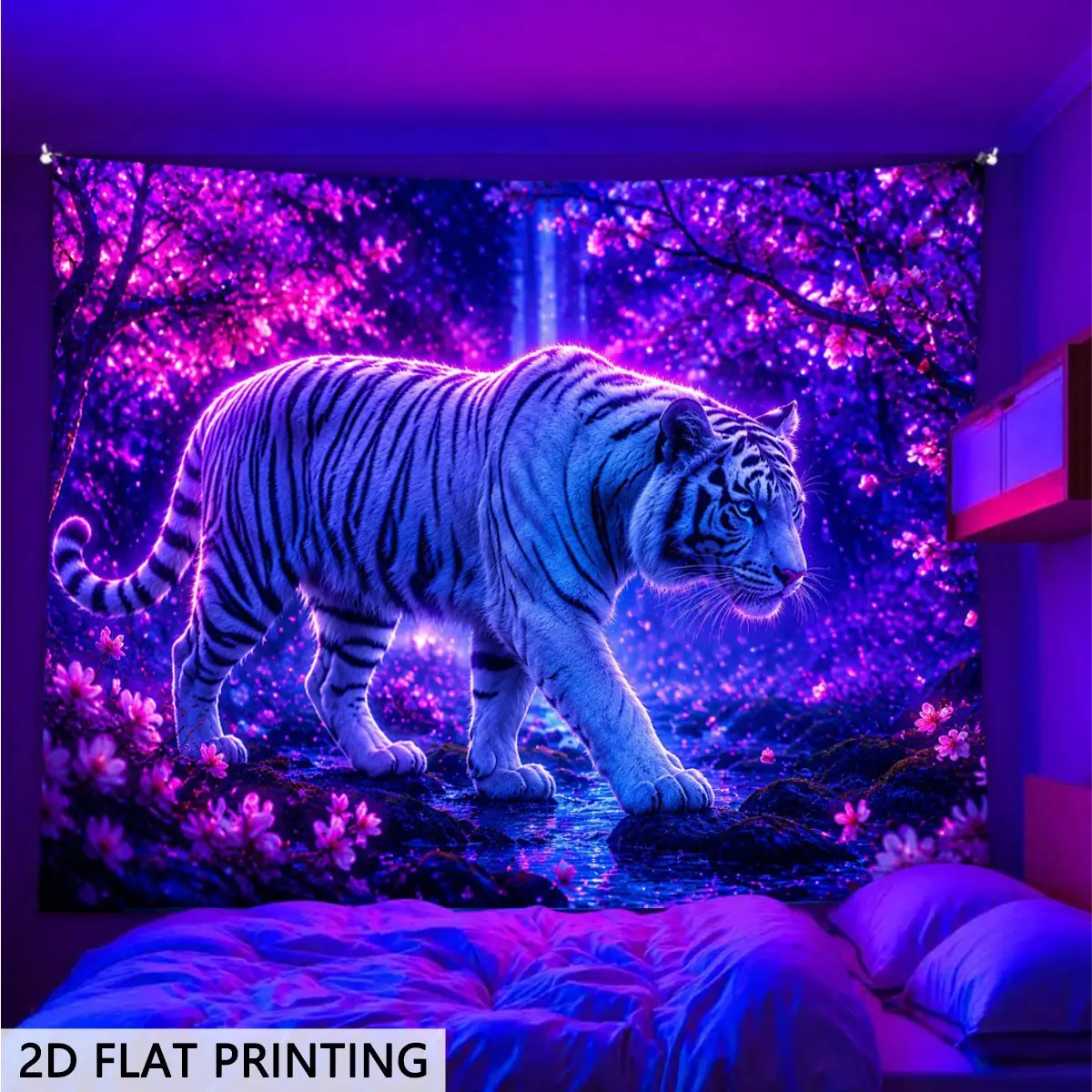 2D Flat - 2D Flat Blacklight Glow in The Dark Tapestry Majestic White Tiger Forest Design Wall Hanging for Bedrooms Living Rooms And Offices. Indie Aesthetic Style Game Room Decor Festive And Party Decor College Dorm Decor,family,dormitory