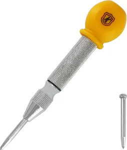 MulWark 5" Automatic Center Hole Punch Tool for Wood, Metal, Plastic - Palm Cushion Cap & Adjustable Impact, Includes Replacement Tip