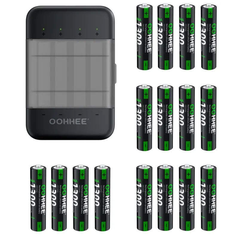 OOHHEE Rechargeable AAA Lithium Battery Bundle - 4/8/12/16pcs 1.5V 1300mAh High Capacity Rechargeable Replacement Battery, 4-Slot Fast-Charging Charger, LED Display Storage Box for Gamepads, Cameras, High-Drain Users