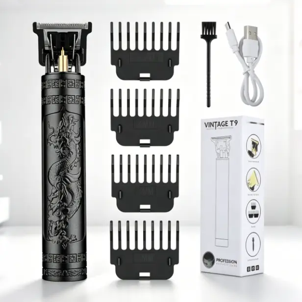 LQT Dragon Engraved Vintage T9 Zero Gap Trimmer, USB Rechargeable Men Hairline Detail Edger Kit
