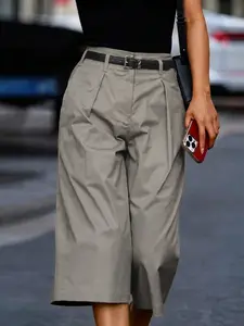 Women High-Waisted Button Zipper Pocket Wide-Leg Capri Pants, Casual Loose-Fit Spring Fall Solid Pattern Clothing