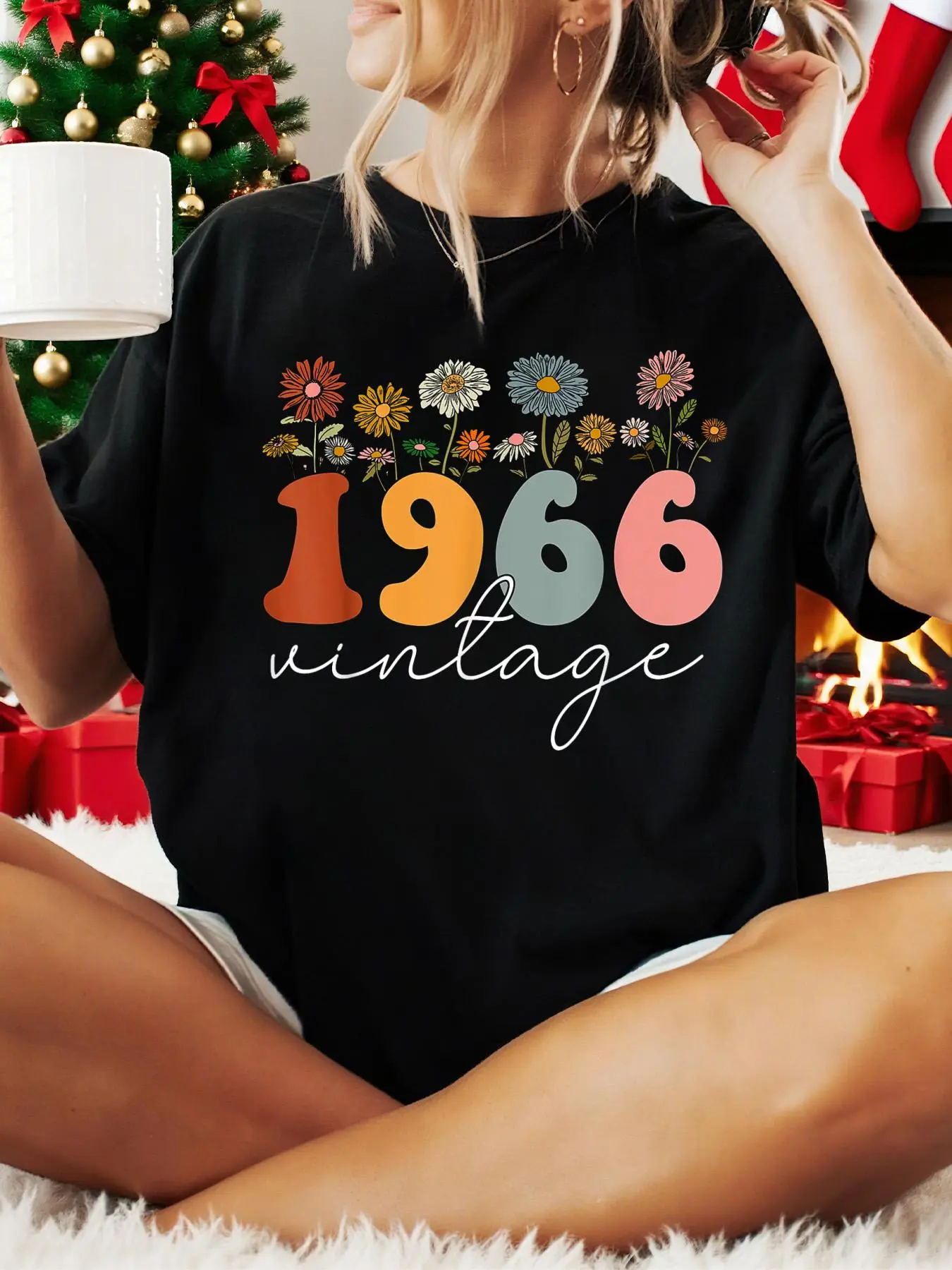 Women's Cotton T-Shirt with Vintage 1966 Floral Graphic, Casual Loose Fit with Short Sleeves and Round Neck for 58th Birthday, Lady, Style, Top, T Shirts For Women, Streetwear, Jackets, Women's Clothes, Ditsy Floral