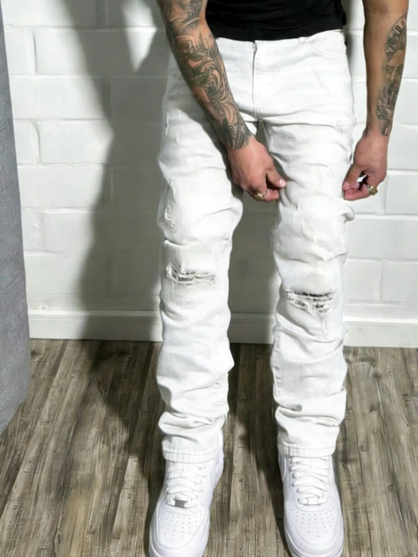 Men's Denim Jeans Distressed Washed Ripped Elastic Skinny Harlan Pants, Denim Skinnies, Trendy and Versatile Streetwear Casual Trousers, Slim-Fitting Mid Waist All Seasons, Pocket