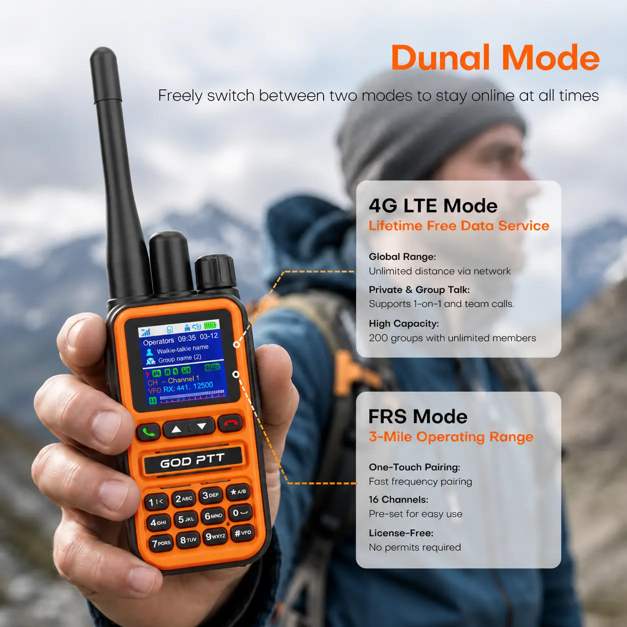 M88 Global 4G LTE PoC Walkie Talkie - Dual-Mode FRS 2-Way Radio with Independent Phone Call Function, IPX4 Waterproof, Included SIM, Rechargeable, App-Programmable, Smart Relay Conversion Mode, Lifetime Free Data Service for Hiking