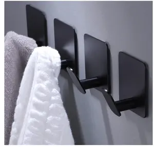 DELITON Adhesive Hooks - 4 Pack Towel/Coat Hooks Wall Hook Stick on Bathroom or Kitchen (Matte Black, Stainless Steel)