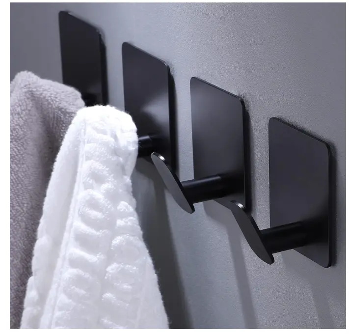 DELITON Adhesive Hooks - 4 Pack Towel/Coat Hooks Wall Hook Stick on Bathroom or Kitchen (Matte Black, Stainless Steel)