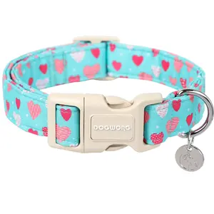 DOGWONG Valentine's Day Dog Collar Blue Heart Adjustable Cotton Heart Design for Extra Small Small Medium Large Dogs