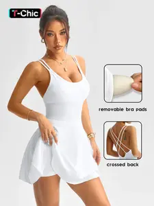 Women's Backless Criss Cross Sports Sleeveless Dress with Removable Pads, Mini Yoga Skirt, Fitted Above the Knee, Casual Tennis Dress, Workout Dress, workout exercise dress, All Seasons