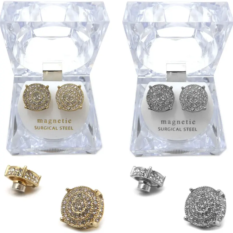 MaxBling81 Magnetic Round Stud Earrings - 0.5 in Alloy Base with Metal Coating, Fashionable Moissanite Synthetic Diamond Earrings, Unisex Hip-Hop Adults' Jewelry Accessories