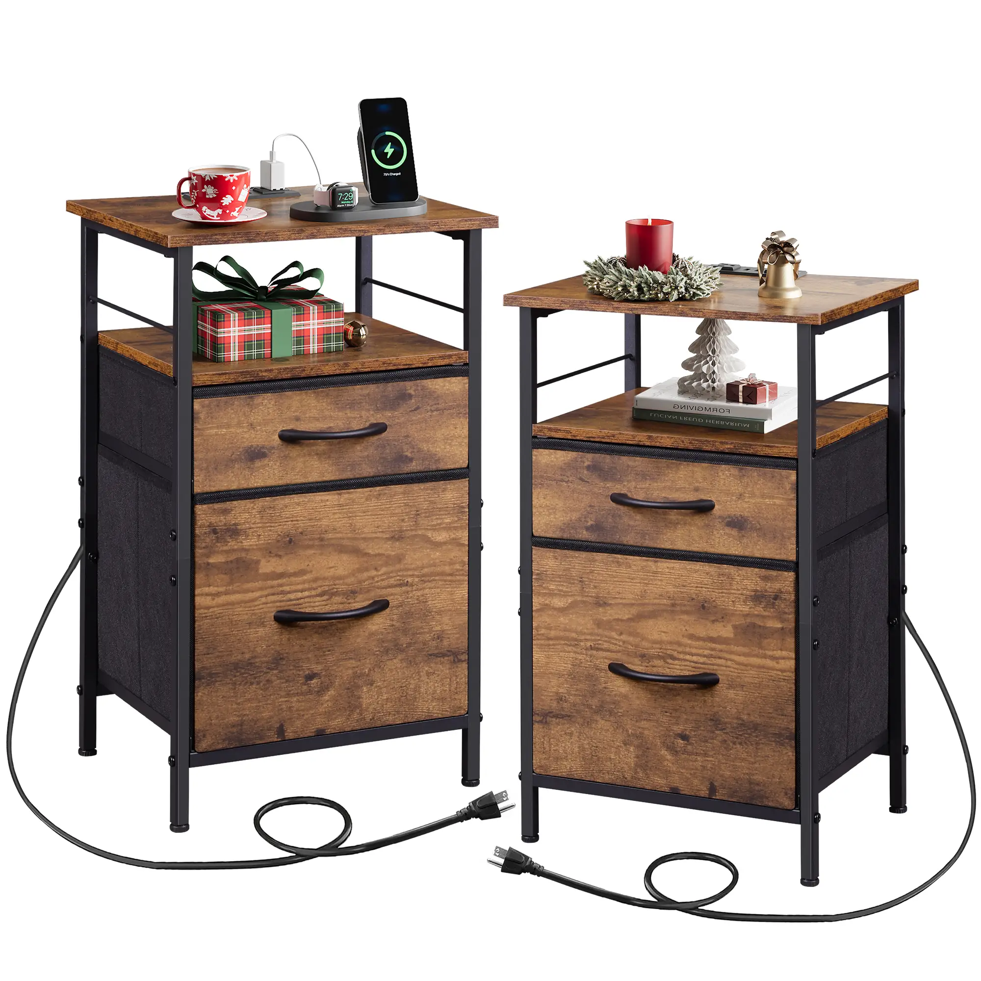 WLIVE Night Stand Set 2 with Charging Station, Bedside Tables for Bedroom, Living Room, Side Table with Fabric Drawers Storage & Open Shelves Modern N