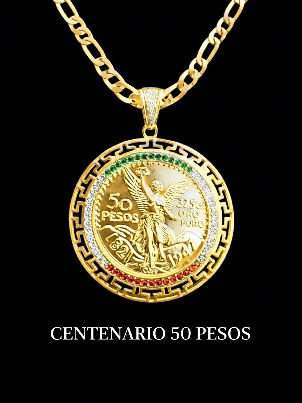 14K Gold Plated Mexican Flag Aztec 50 Pesos Centenario Pendant with Figaro Link 24" 7mm Fashion Chain Unisex Jewelry Gold Coin Necklace High End Necklace