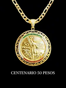 14K Gold Plated Mexican Flag Aztec 50 Pesos Centenario Pendant with Figaro Link 24in 8mm Fashion Chain Unisex Jewelry