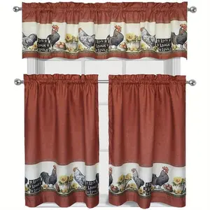 3pcs Rooster Kitchen Curtains Semi-Sheer Polyester Rod Pocket Machine Washable - Farmhouse Style Rustic Decor with Rooster & Floral Geometric Print, Earthy Tones for Kitchen, Living Room, Bedroom, Bathroom, Kitchen Curtains for Windows