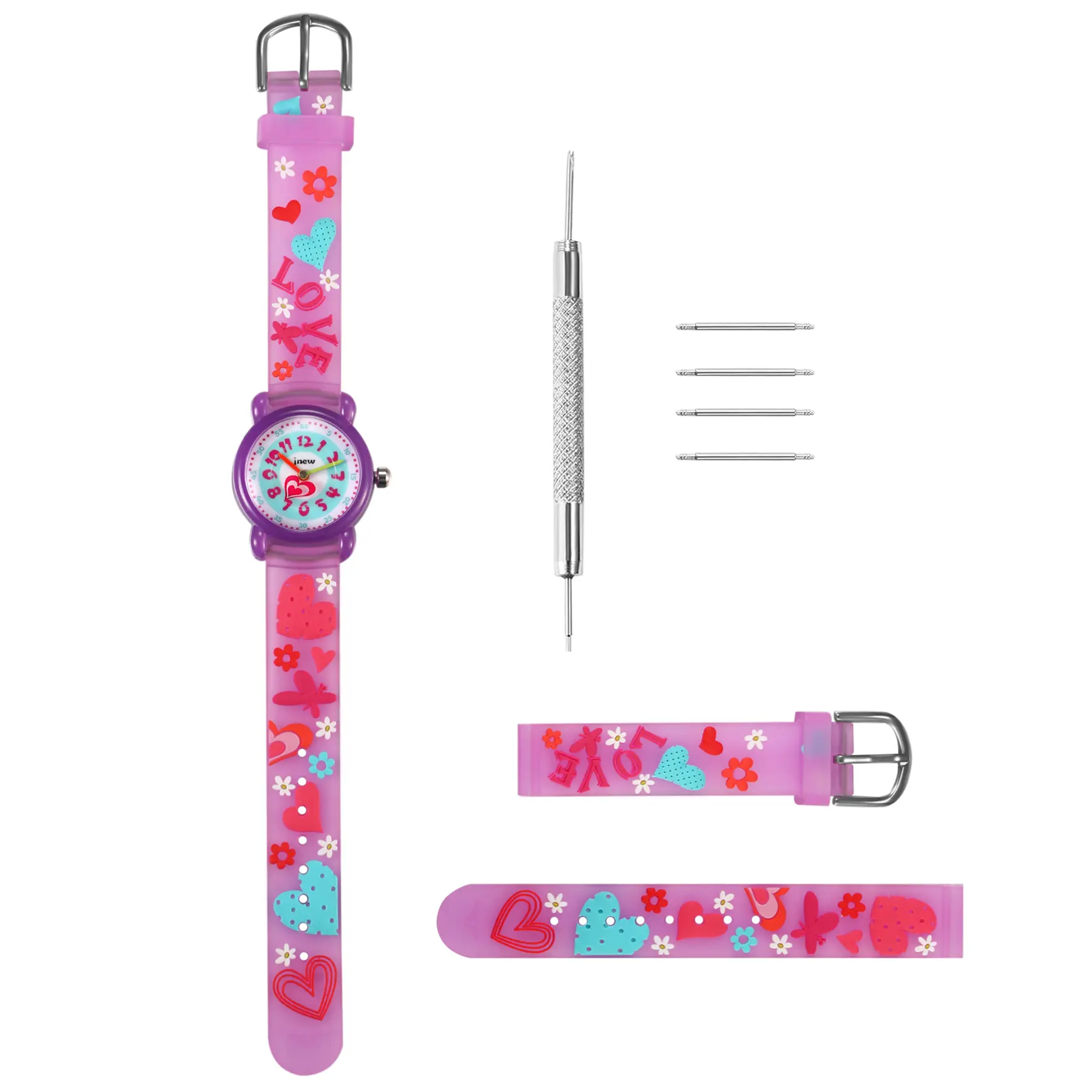 OIDEA Girls' Watch with Soft Strap, Cute Easy-to-Read Dial, 3ATM Water-Resistant Quartz Accessory, Adjustable Size, Birthday Gift Ideas, Heart, Pvc, Large Numeral, Holiday Gift, Acrylic Glass, Analog, Girly, Wristwatch, Child Watch, 3Atm Waterproof, Adjus