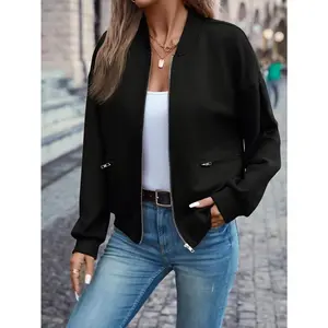 Solid color zipper jacket, spring and autumn casual long sleeved pocket bomb jacket - women's clothing - lightweight and comfortable - suitable for women - very suitable for casual wear and outdoor activities - an excellent gift for fashionable women