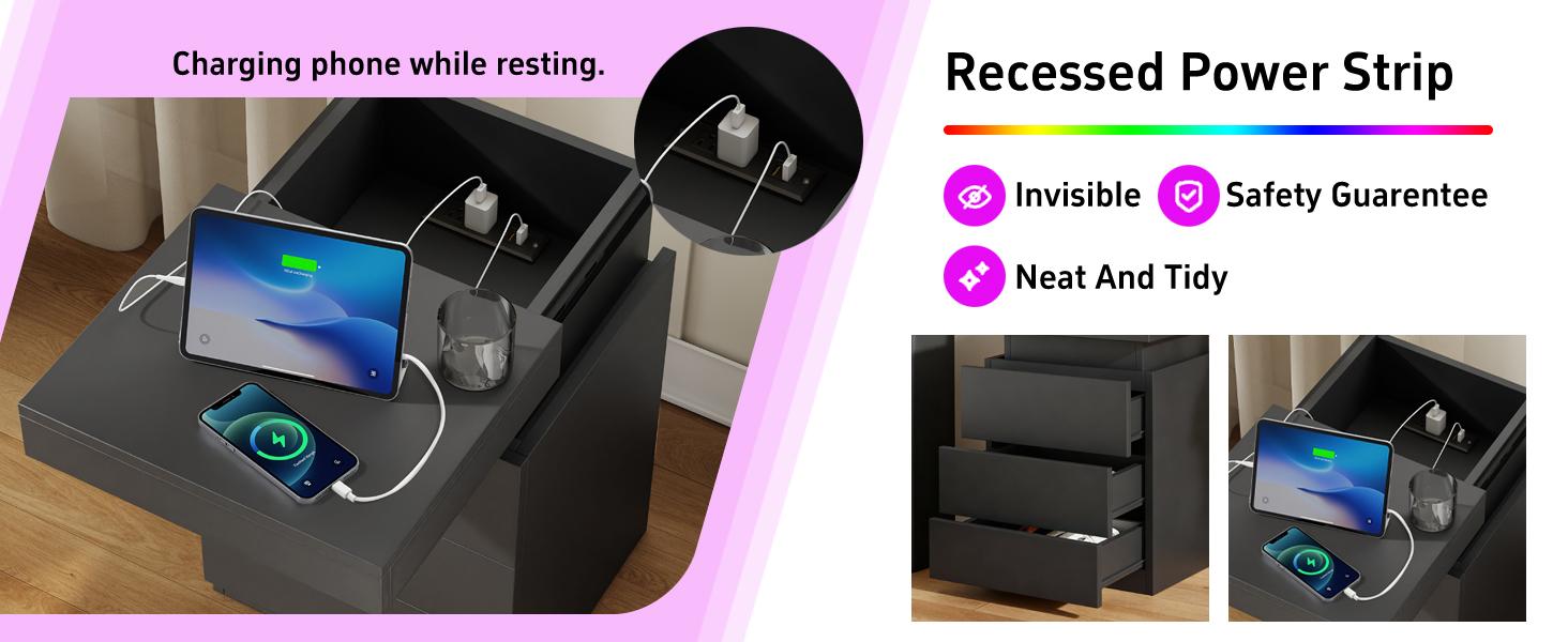 Nightstand with Charging Station and LED Lights,Night Stand with Sliding Top,Bedside Table with Drawers,Modern End Side Table for Bedroom