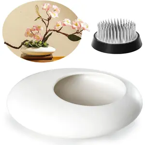 Japanese Inspired Ceramic Vase Ikebana kit, Pebble Shaped Flower Arrangement Bowl with 2inch Flower Frog Pin Frog Flower Stems Holder (White)