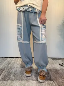 Ash Blue Vintage Ruffle Patchwork Thermal Boho Pants by POL