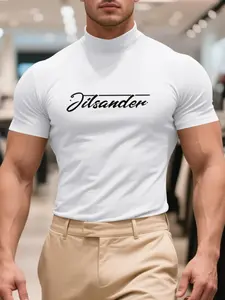 Men's Regular Fit Letter Print Turtleneck Sports Tee, Gym Workout Tee, Athletic Shirt, Casual Comfy Breathable Short Sleeve T-shirt for Outdoor Workout Running, Menswear for All Seasons