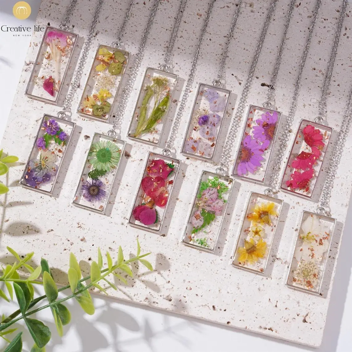 Silver Birth Month Flower Necklace,Real Dried Flower Square Necklace for Mom ,Birthday,Christmas