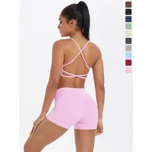 Women's Solid Crop Sports Bra & High Waist Short Leggings Set, Sporty Casual Outfits for Yoga Gym Workout Running, Women Tracksuits for Summer, Cute Workout Outfits, Athleisure Wear, Gym Workout Clothes, Sports Bra ShortsGift