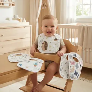 Random Six-Layer White Background Printed U-Shaped Bibs 5-Pack - Gauze Material, Skin-Friendly, Breathable, Soft, Quick-Drying, Cute Printed Patterns, Great Value Family Set Feeding Bibs Drool Bibs