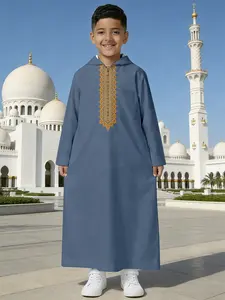 Boys' Blue Zippered Hooded Gold Pattern Embroidery Thobe, Ramadan Middle Eastern Traditional Etiquette Clothing