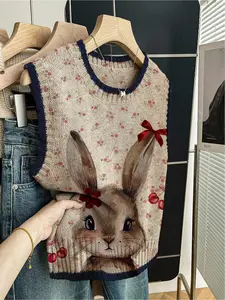 1 piece, Spring/Summer Back-to-School Casual Style Loose Round-neck Sleeveless Knitted Color-Contrasting Dark Blue Edged Patchwork Patterned Rabbit Print Spring Women's Knitted Top for Outfit, Knit Vest Tops