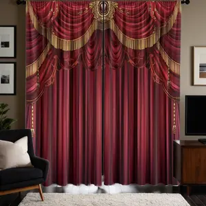 2pcs Elegant red imitated duplex curtain pattern Print Curtains, Half-Transparent Polyester, Fade Resistant, Hand Washable, Bedroom & Living Room Decor