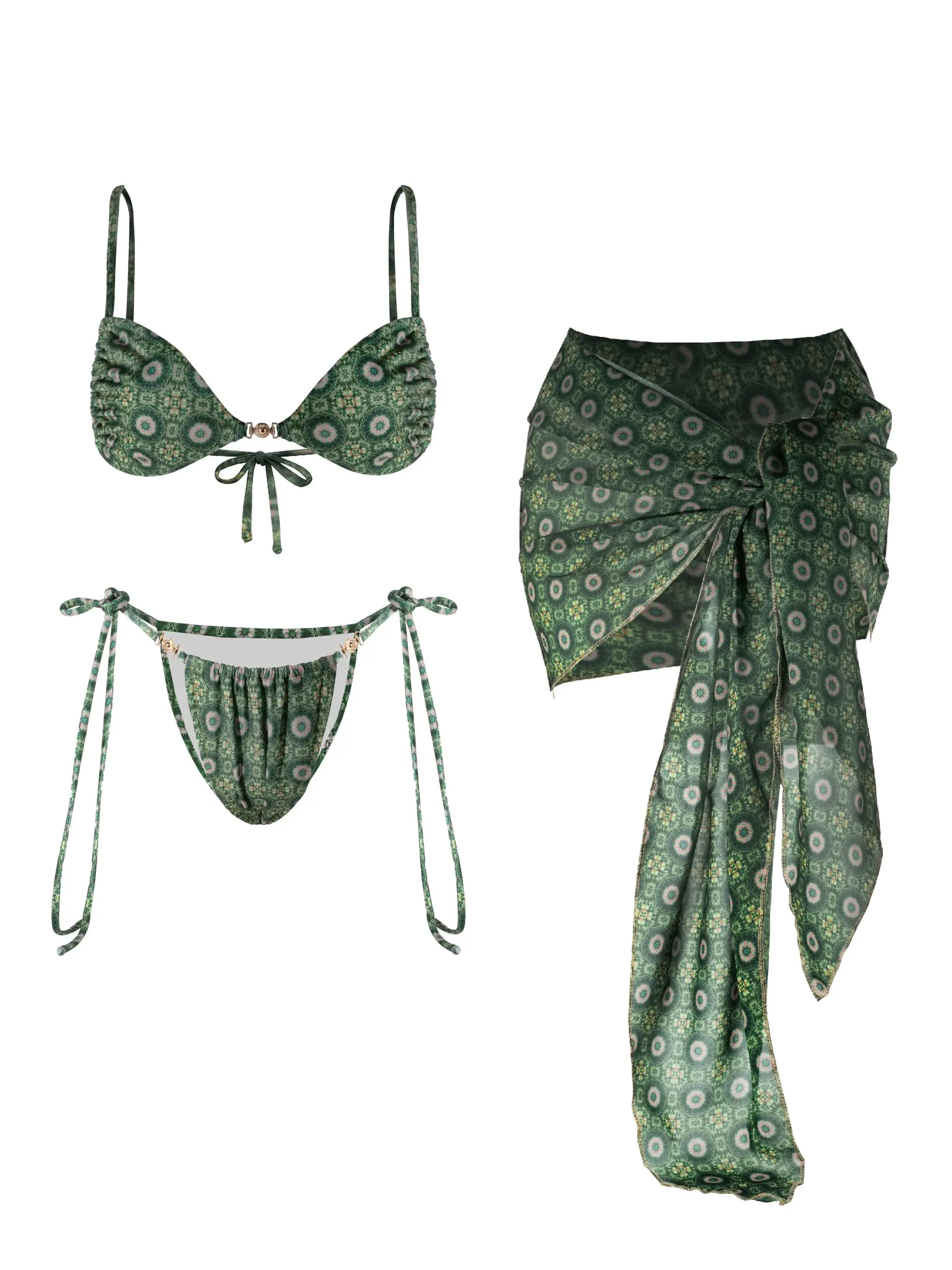 2026 classic print bust-lift mini bikini set—fashionable, sexy women’s three-piece swimsuit with a low-rise tie skirt; casual vacation beach swimwear and hot spring wear.