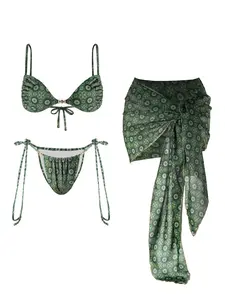 2026 classic print bust-lift mini bikini set—fashionable, sexy women’s three-piece swimsuit with a low-rise tie skirt; casual vacation beach swimwear and hot spring wear.