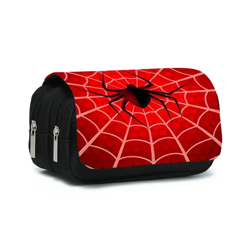 Durable Polyester Pencil Case with Spider Web Design, Dual Layer Zipper Closure, Perfect for School Supplies & Office Organization, Office Stationery Supplies, Pencil Bag