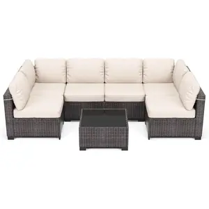 6 Piece Patio Furniture Set with Wicker Sofa and Coffee Table for Backyard, Poolside and Patio Relaxing